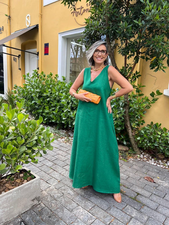 Vestido Paula Linho Verde Esmeralda EZILDINHA