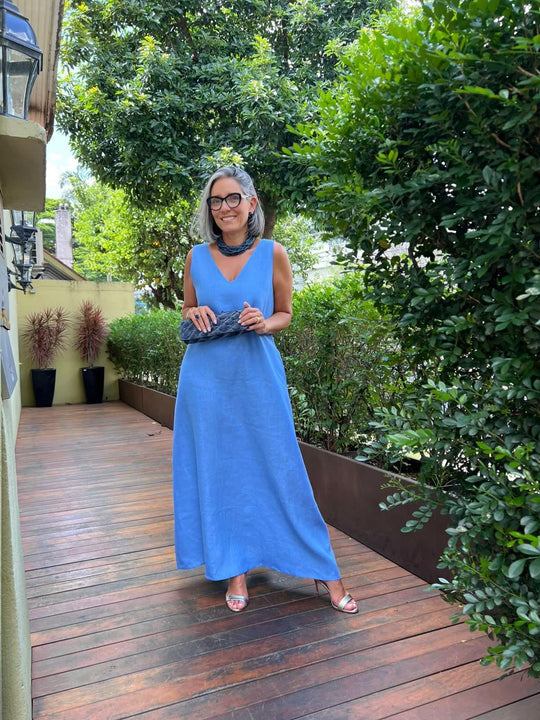 Vestido Paula Linho Azul EZILDINHA