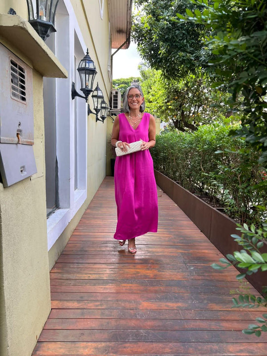 Vestido Pregas Linho Fúcsia EZILDINHA