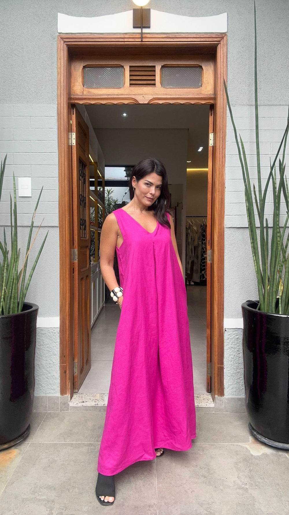 Vestido Pregas Linho Fúcsia EZILDINHA