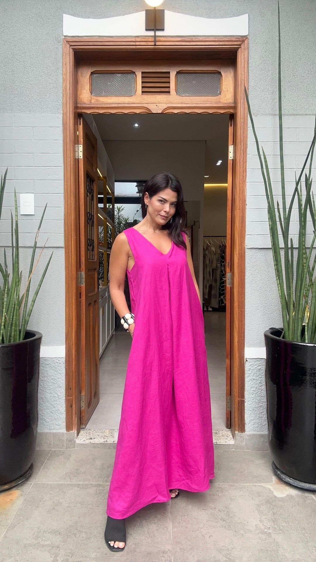 Vestido Pregas Linho Fúcsia EZILDINHA