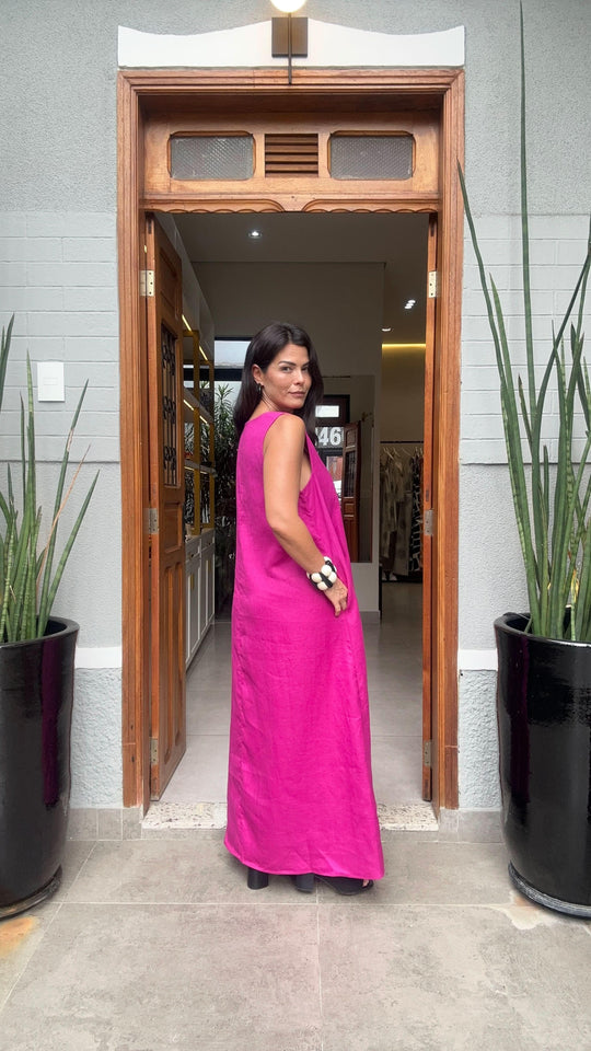 Vestido Pregas Linho Fúcsia EZILDINHA