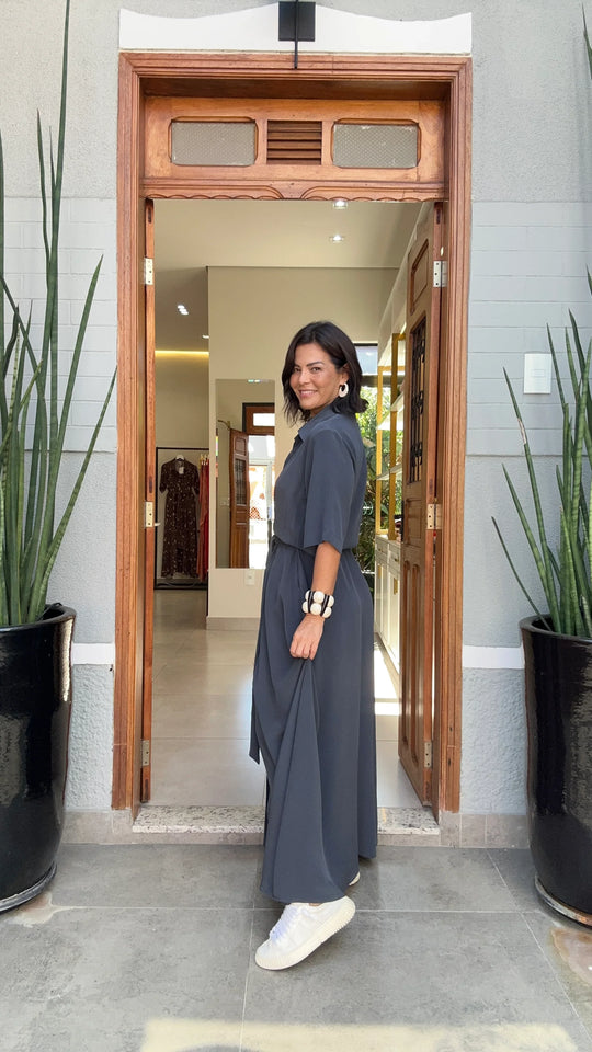 Vestido Chemisier Seda Pura Chumbo EZILDINHA