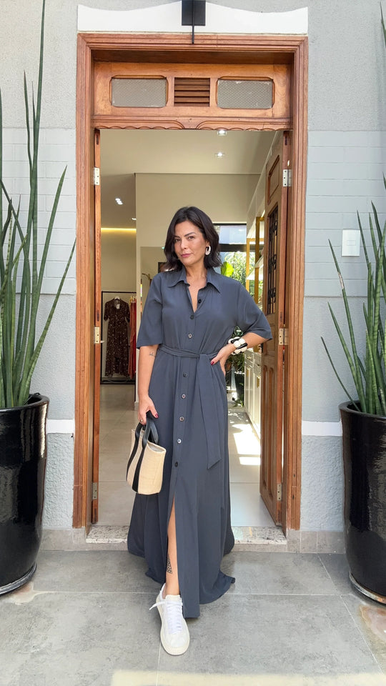 Vestido Chemisier Seda Pura Chumbo EZILDINHA