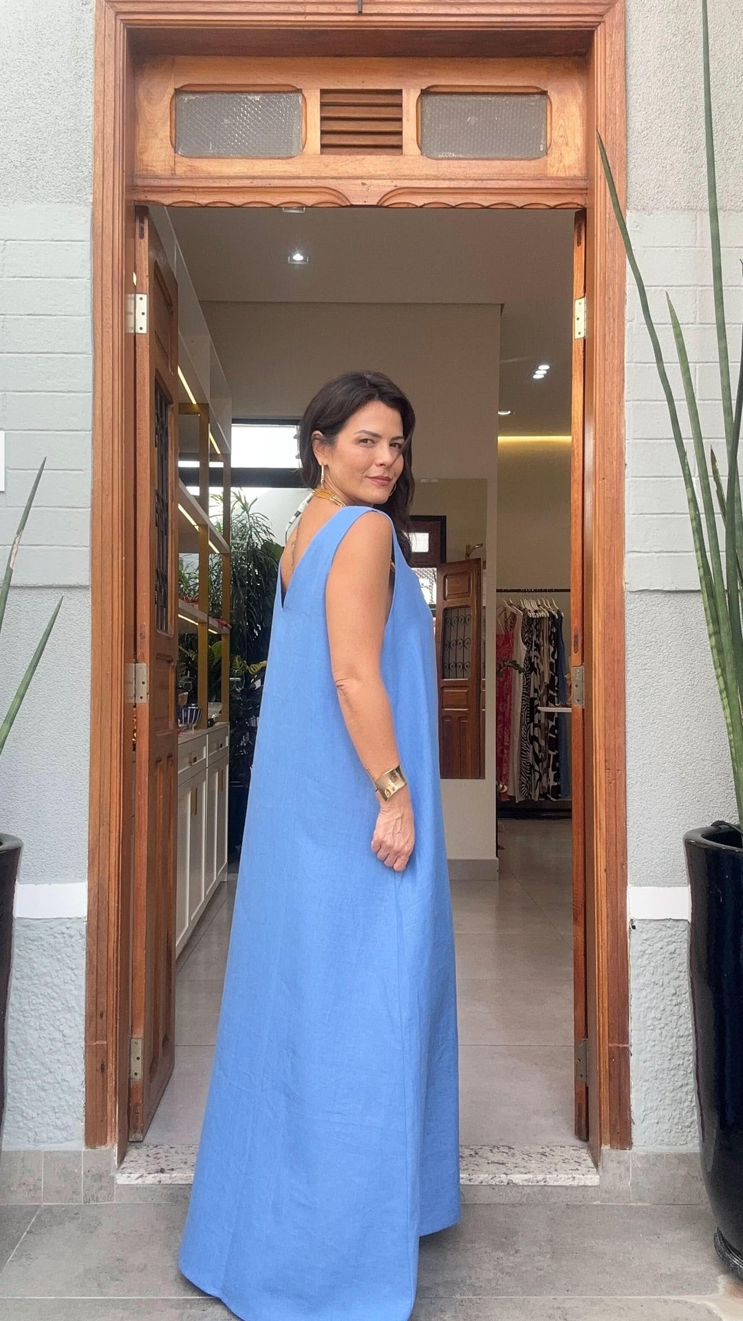 Vestido Paula Linho Azul EZILDINHA