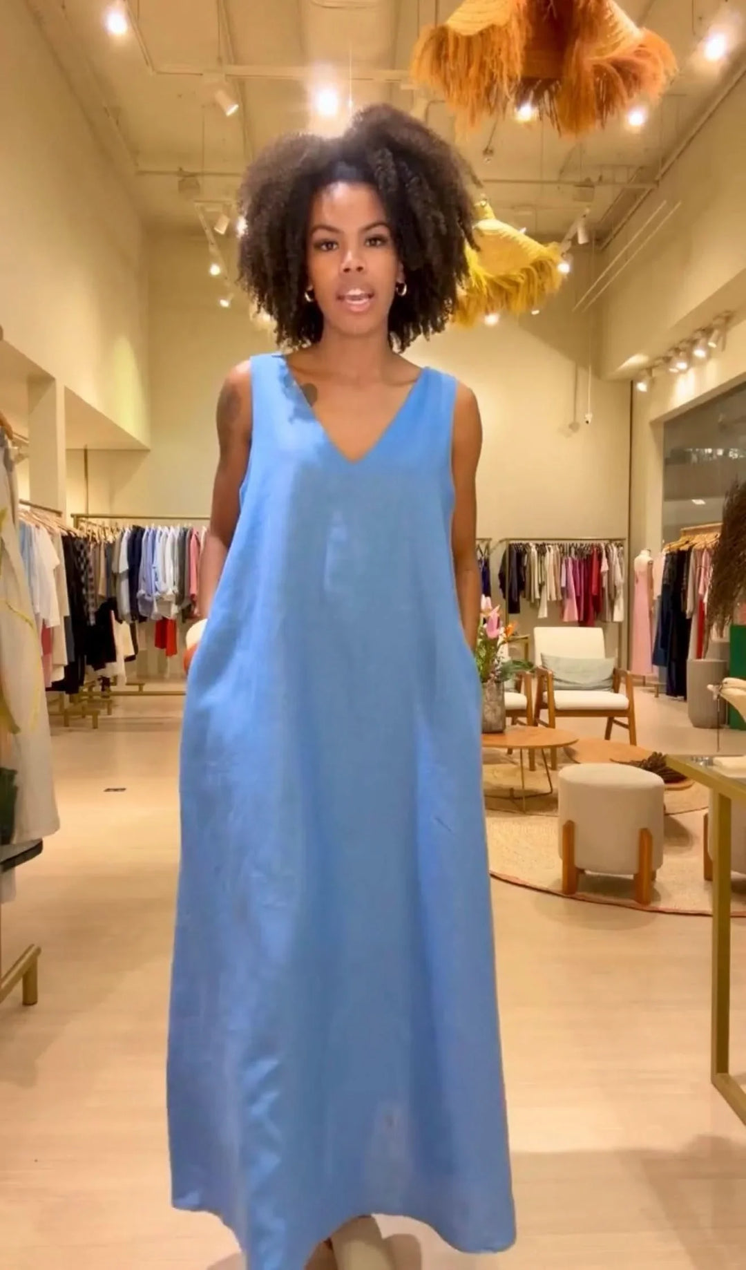 Vestido Paula Linho Azul EZILDINHA