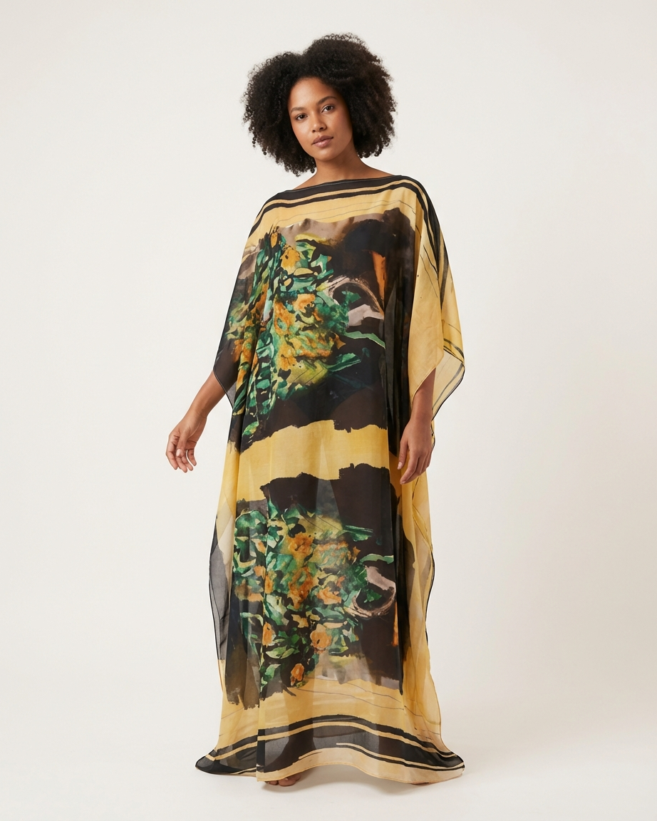 Vestido Kaftan Atelier EZILDINHA feminino viscose crepe estampa exclusiva pintura expressionista dourado verde preto tamanho único