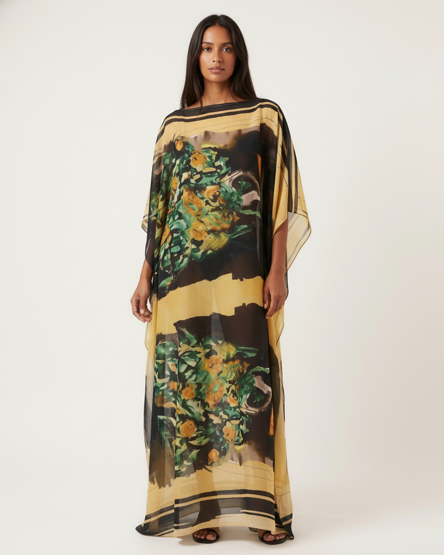 Mulher usando Vestido Kaftan Atelier EZILDINHA estampa pintura expressionista dourado verde preto viscose crepe tamanho único