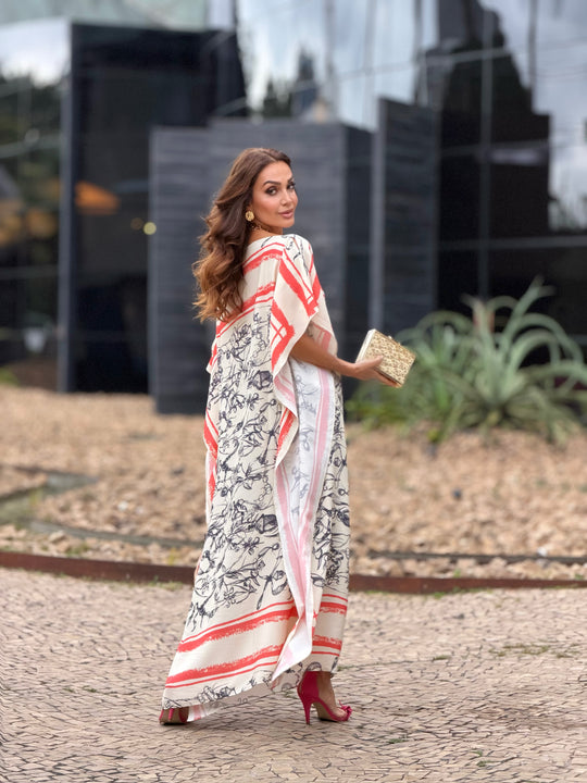 Vestido Kaftan Longo Feminino Estampa Flores Rosa Coral Verde EZILDINHA