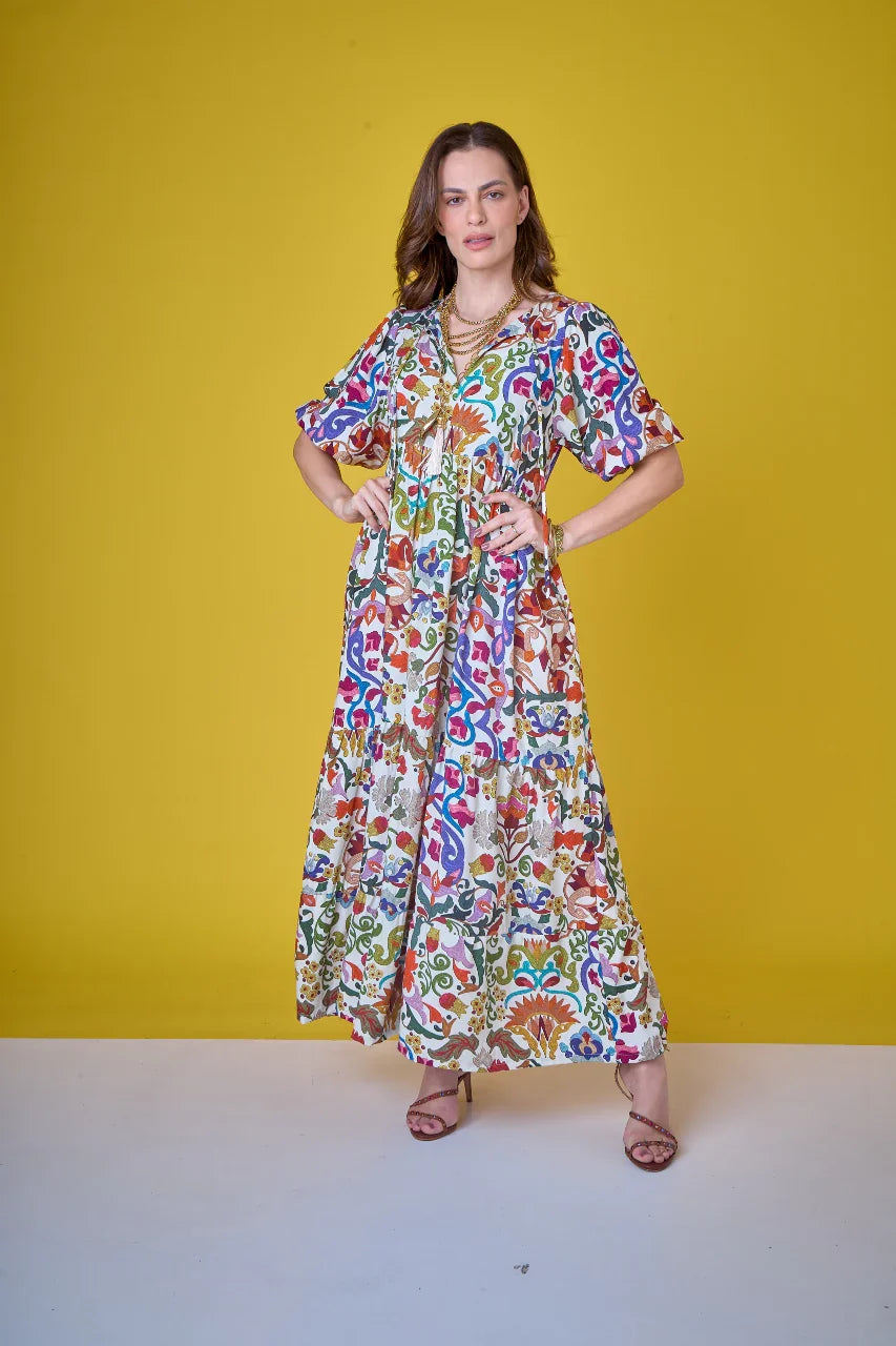 (PRÉ-VENDA) Vestido Tapeçaria em Viscose com Seda EZILDINHA