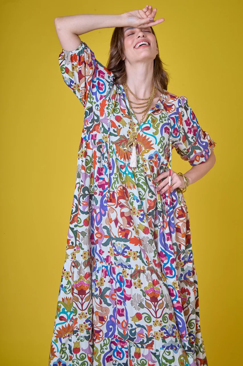 (PRÉ-VENDA) Vestido Tapeçaria em Viscose com Seda EZILDINHA