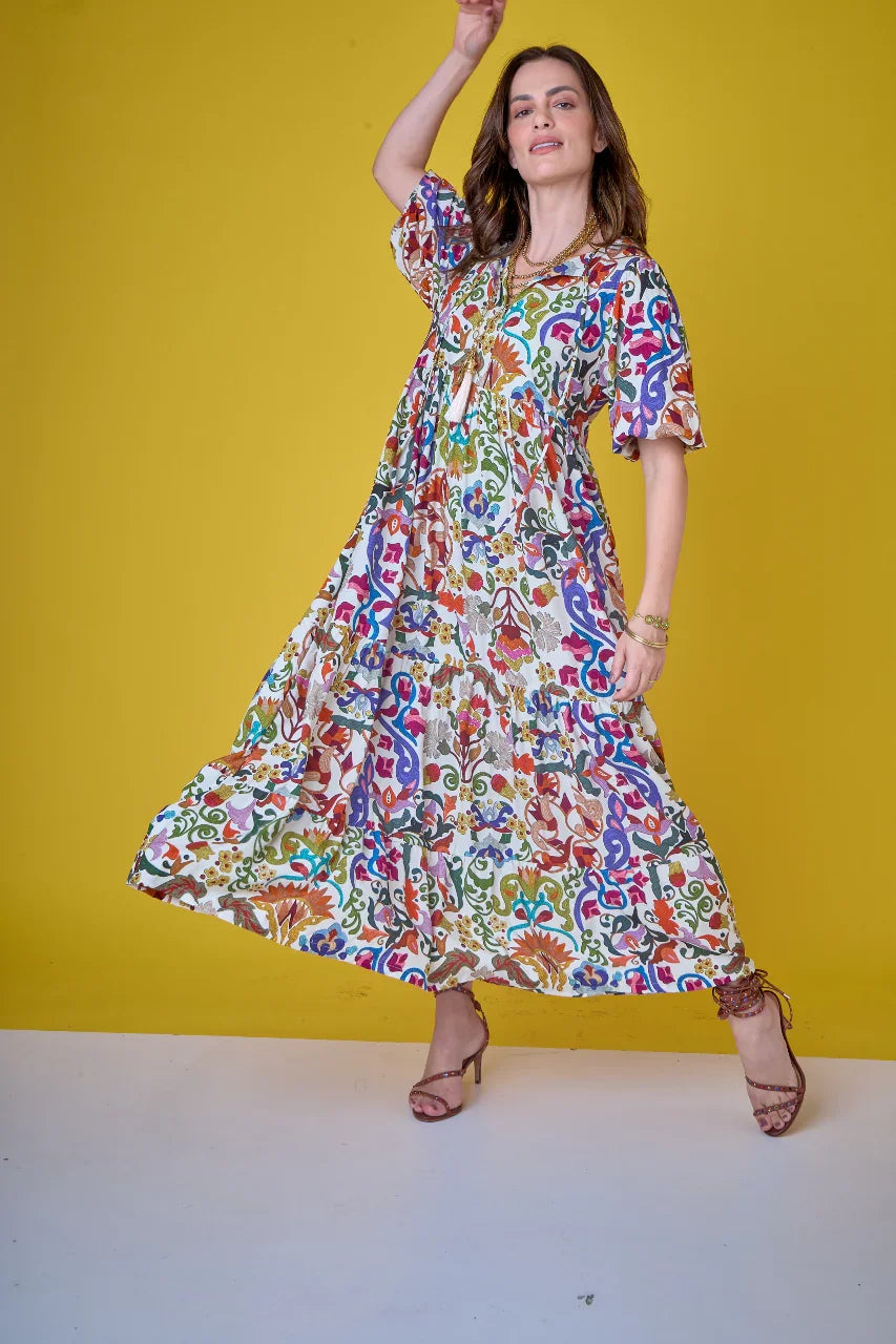 (PRÉ-VENDA) Vestido Tapeçaria em Viscose com Seda EZILDINHA