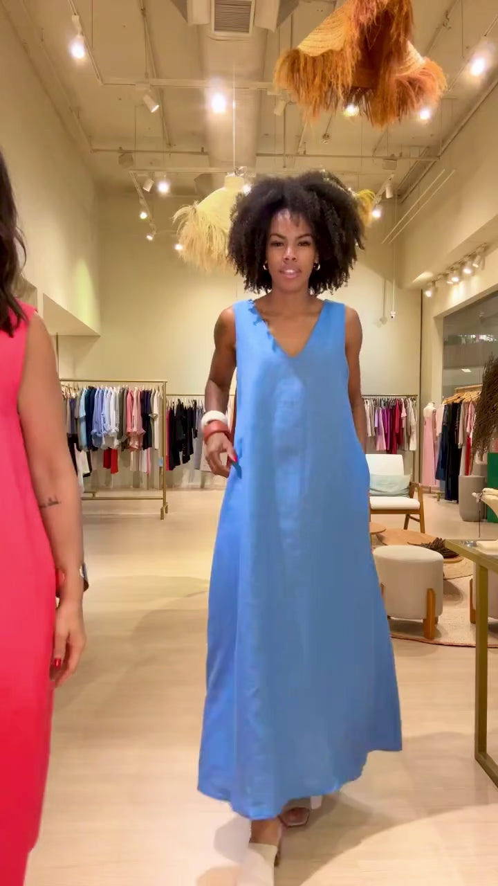 Vestido Paula Linho Azul EZILDINHA