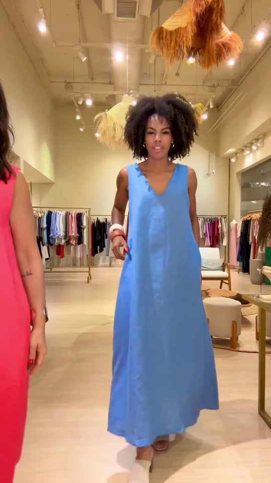 Vestido Paula Linho Azul EZILDINHA