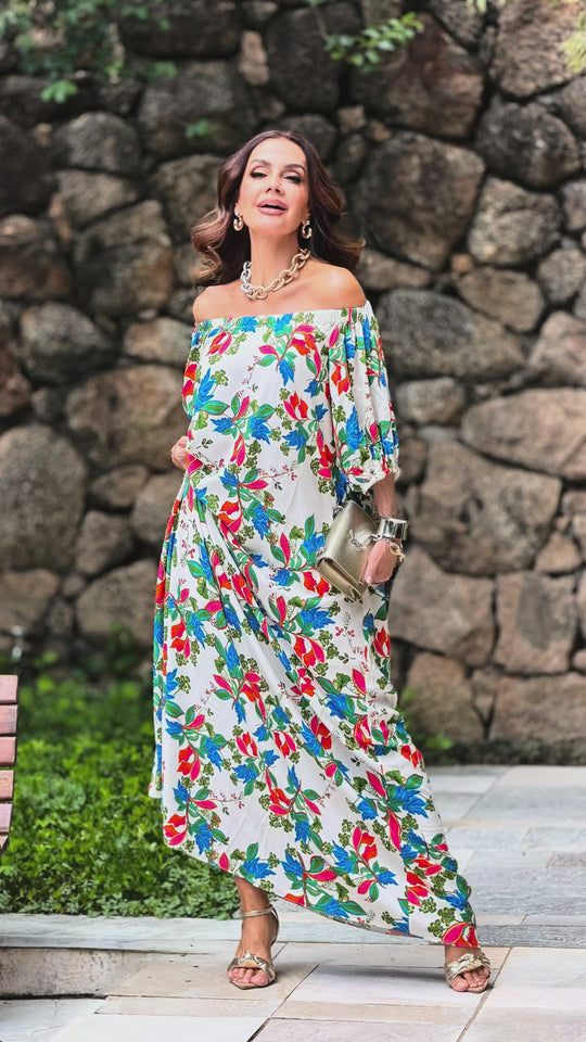 Vestido ciganinha longo estampa floral Garden em viscose premium EZILDINHA decote ombro a ombro

