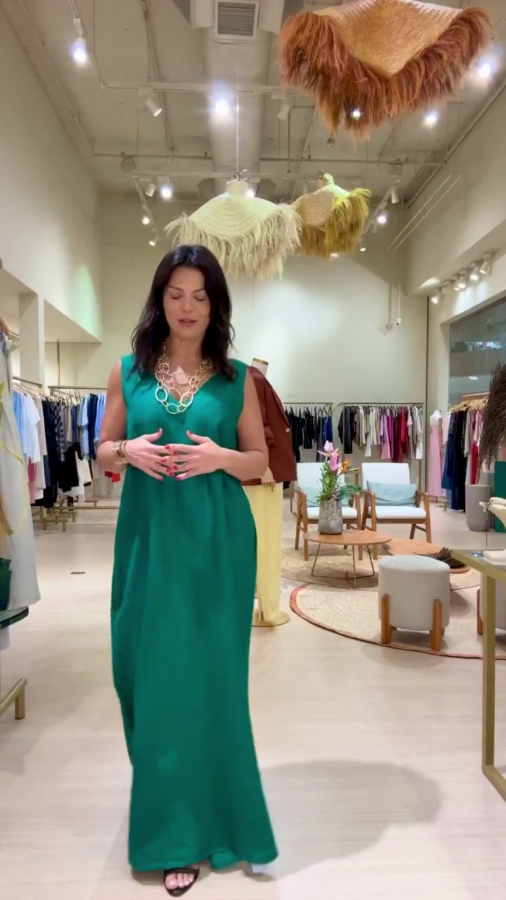 Vestido Paula Linho Verde Esmeralda EZILDINHA