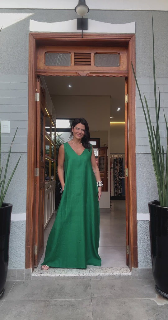 Vestido Paula Linho Verde Esmeralda EZILDINHA