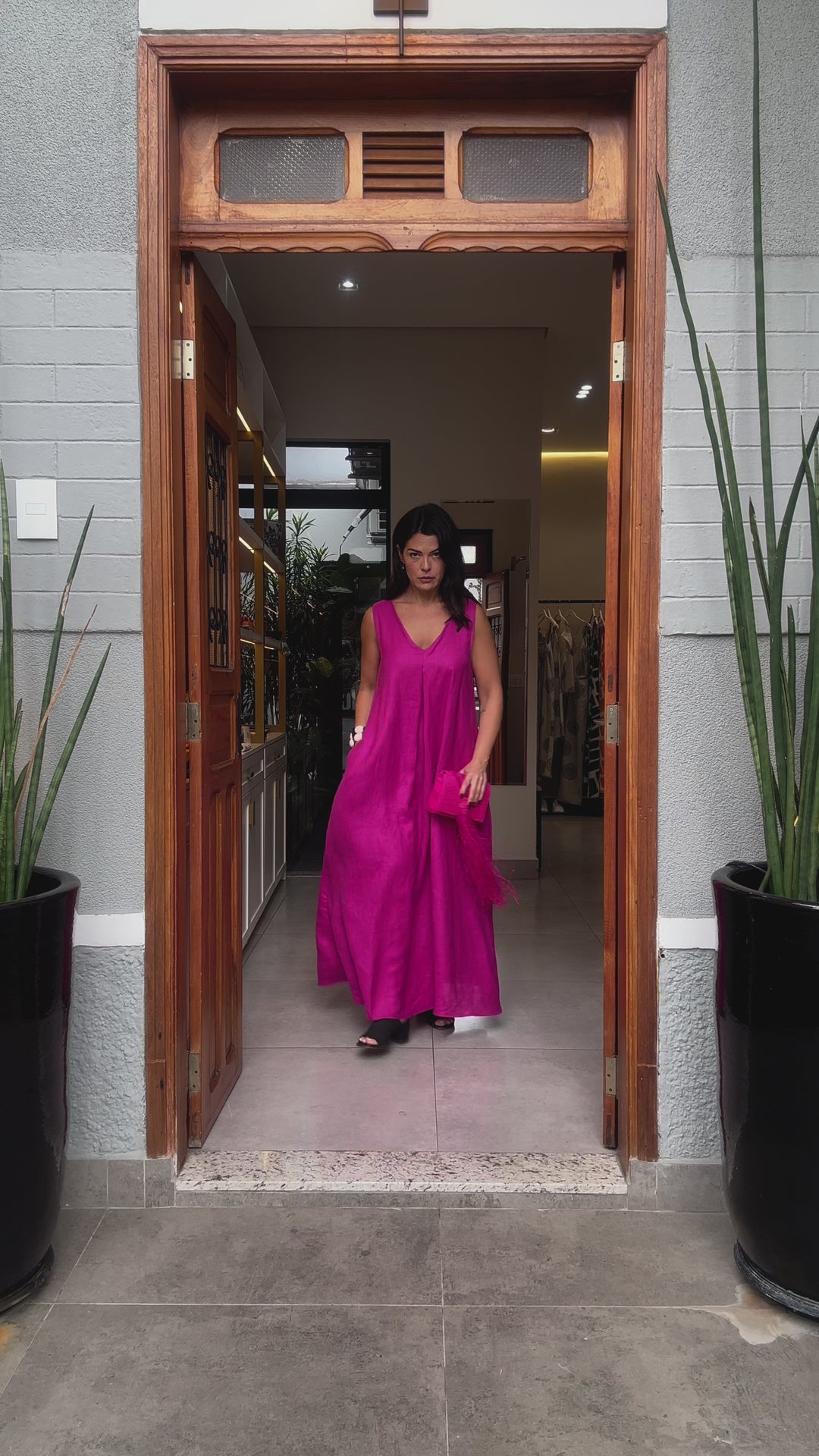 Vestido Pregas Linho Fúcsia EZILDINHA