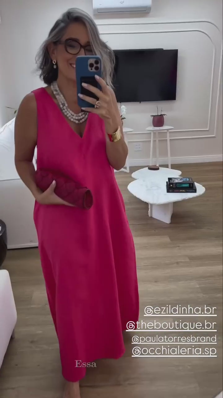 Vestido Paula Linho Cereja EZILDINHA