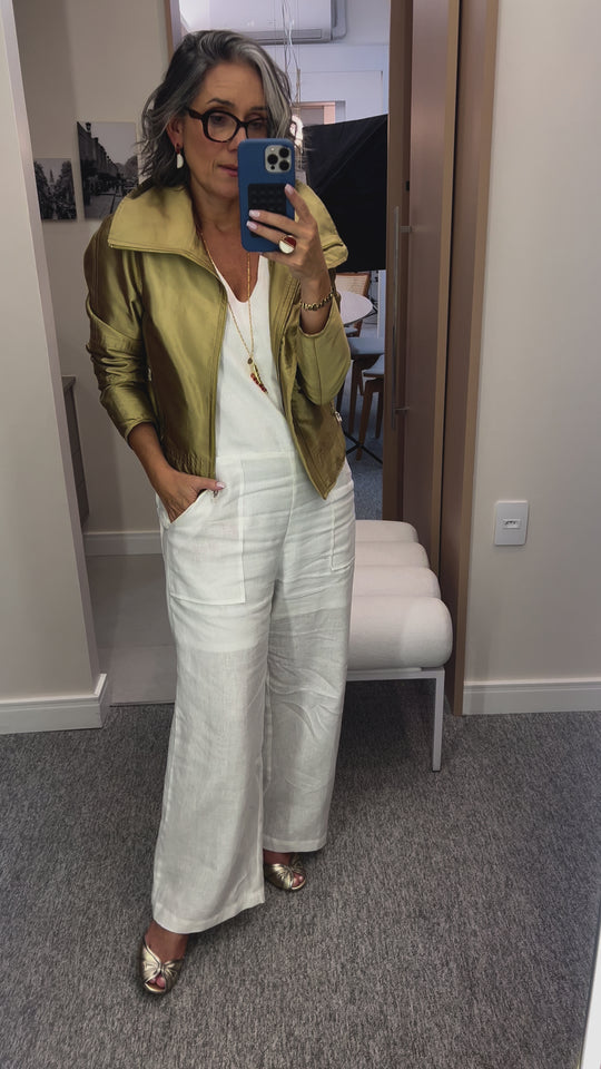 Macacão Worker Linho Off White Ezildinha