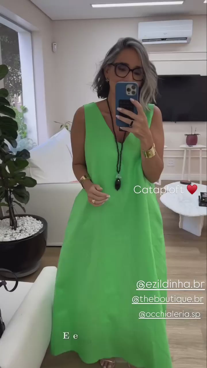 Vestido Paula Linho Verde Grama EZILDINHA