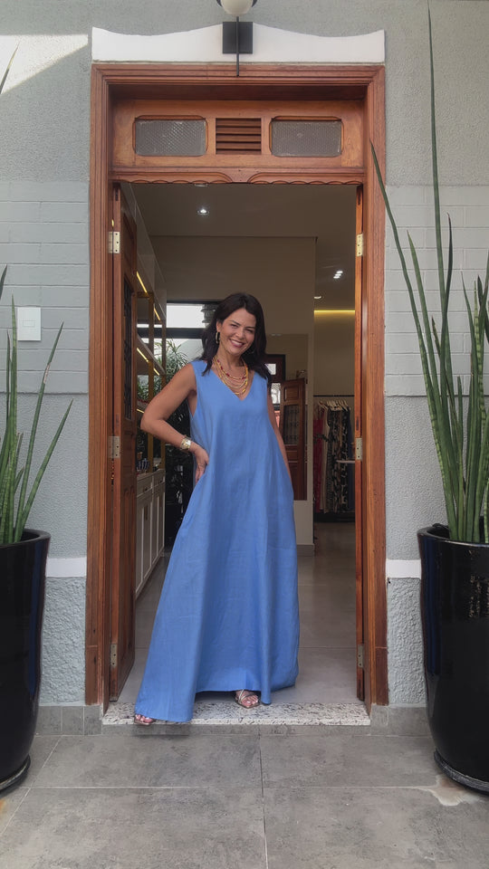 Vestido Paula Linho Azul EZILDINHA