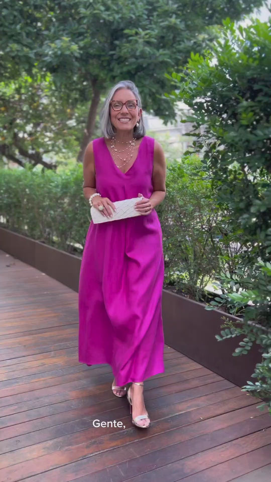 Vestido Pregas Linho Fúcsia EZILDINHA